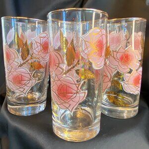 Set of 7 Vintage Libbey Highball Glasses Pink Rose with Gold Leaves